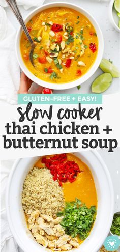 two bowls of slow cooker thai chicken and butternut soup with text overlay