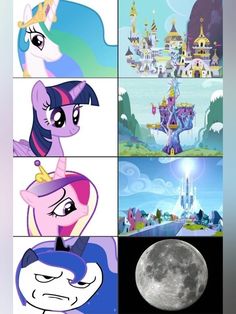 four different pictures of princess ponies and the moon