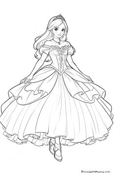 the princess in her dress coloring page for kids to print and color on their own wallpaper