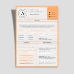 an orange and white resume template with the letter a on it's front page