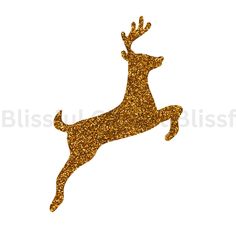 a gold glitter deer silhouette with its legs spread out to the side, on a white background