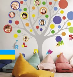 a family tree with colorful circles on the wall and children's faces hanging from it