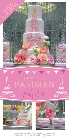 a collage of photos with the words sweet 16 parisian party ideas in pink and white