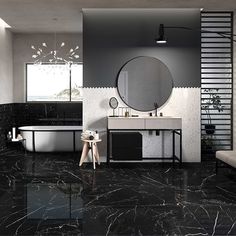 a black and white bathroom with marble flooring, bathtub, sink and mirror