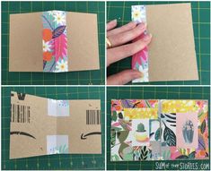 four pictures showing how to make a diy book cover with flowers and leaves on it