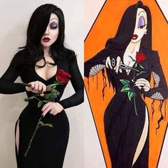 a woman in a black dress holding a rose next to a drawing of a lady with long hair