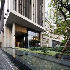 an office building with a water feature in the foreground and trees on either side