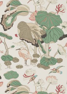 a wallpaper with flowers and birds in the waterlily pond, including lily pads