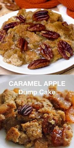 two pictures with different types of desserts on them, one is baked and the other has caramel apple dump cake