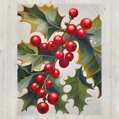 a painting of holly with red berries and green leaves