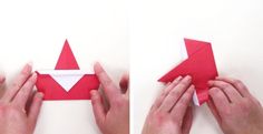 two photos of hands folding an origami arrow