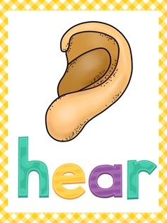 the word hear is written in front of an image of a piece of bread on a yellow and white checkered background