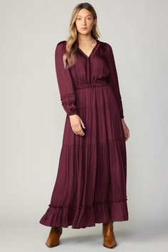 This long-sleeve midi dress is simply captivating with its easy femininity and pretty details. Ruffle trim adds allure, while the cinched waist defines the shape. This stunning piece is sure to become a fast favorite in your wardrobe. •V-neck •Long sleeves •Elasticized waist •Tiered skirt •Ruffle trim DIMENSIONS •Standard: 53" L Item number 2390097 100% Polyester Long Sleeved Velvet Dress, Long Sleeve Maxi Dress Winter, Long Midi Dress Outfits, Fall Outfits Women Dresses, Fall Dresses For Women, Midi Dress Outfit, Modern Clothes, Midi Dress Fall, Skirt Ruffle