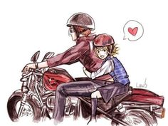 a man riding on the back of a red motorcycle next to a woman wearing a helmet