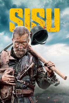 a man holding a baseball bat in front of a cloudy sky with the words sisu on it