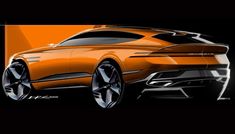 an orange sports car is shown in this artistic drawing, it appears to be sketched