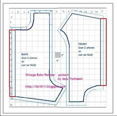the sewing pattern for this baby's dress is shown in red and blue, with measurements