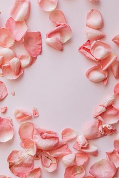 rose petals are scattered on a white surface