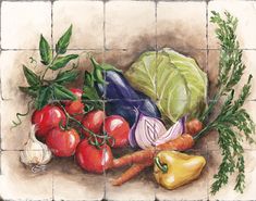 a painting of vegetables and herbs on a tile background with green leaves, tomatoes, lettuce, onion, carrots