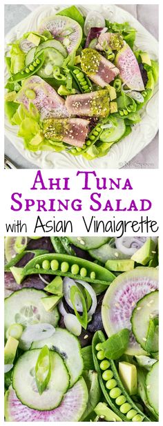 Seared Ahi Tuna Spring Salad with Asian Vinaigrette Ahi Tuna Salad Dressing, Tuna Salad Dressing, Ahi Salad, Creamy Tuna Salad, Asian Vinaigrette, The Best Tuna Salad, Best Tuna Salad, Seafood Dinner Recipes, Delicious Salad Dressings