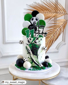 a birthday cake decorated with soccer balls, pandas and green grass on a table