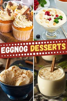 eggnog desserts collage with cupcakes, ice cream and muffins