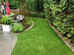 a lush green lawn surrounded by trees and bushes