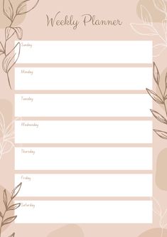 a weekly planner with leaves and branches on the side, in light pink tones that are blank