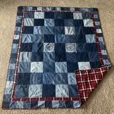 two quilts laying on the floor next to each other, one is blue and red