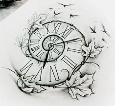 a drawing of a clock surrounded by leaves