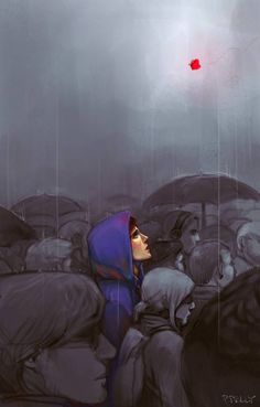 a painting of people standing in the rain with umbrellas over their heads and one person holding an umbrella