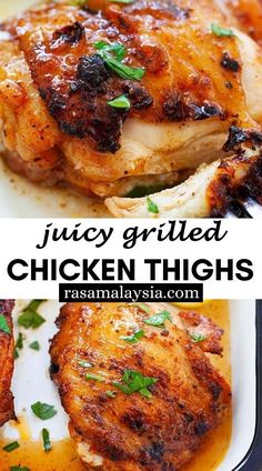 juicy grilled chicken thighs on a white plate