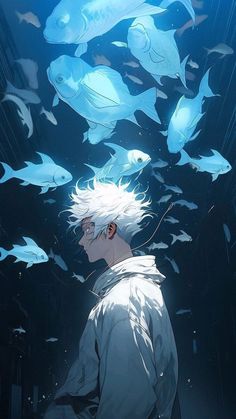 a man with white hair standing in front of fish swimming over him and looking up at the sky