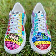 Vbs Outfits, Painting Clothing, Custom Tennis Shoes, Christmas Sneakers, Teacher Shoes, Painting Teacher, Bubble Font