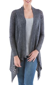 Lightweight and soft this open cardigan sweater from Peruvian artisan Nestor Yana is a stylish choice for cool weather. Lacy pointelle stitching adds texture and detail to the grey cardigan which is made from a blend of acrylic and alpaca wool. A stylish sidetail hem completes the design. Zyla Summer, 36d Size, Palette Wardrobe, Thick Body Outfits, Charcoal Hoodie, True Summer, Fashion Feminine, Body Outfit, Acrylic Sweater