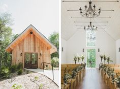 the inside and outside of a church with wooden pews, greenery, and chandelier