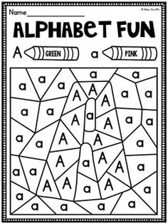 an alphabet fun coloring page with letters and numbers for kids to color, including the letter a