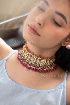 The lush pink kundan choker necklace features a captivating floral center adorned with kundan and accented by vibrant pink natural stones and delicate pearls. Its striking design adds a sophisticated touch, making it a stunning complement to any ensemble. Closure - Adjustable Dori Weight - 135gm Desi Jewelry, Kundan Choker Necklace, Kundan Choker, Kundan Necklace, Statement Choker, Statement Choker Necklace, Kundan Necklaces, Necklace Statement, Choker Necklaces