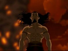 a man with long hair and no shirt standing in front of a red sky at night