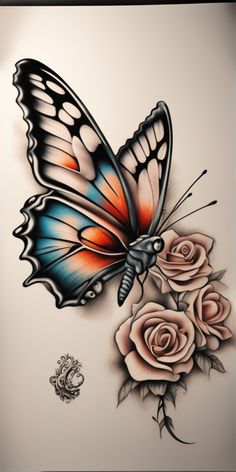 a butterfly with roses on it's back is shown in this tattoo art design