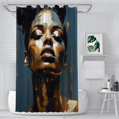 a shower curtain with a painting of a woman's face