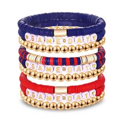 PRICES MAY VARY. Show off your team spirit with this game day bracelets,it features a set of 9 heishi beaded bracelets,adorned with 6mm red and blue polymer clay vinyl disc beads and with White & Gold Letter Beads spelling "GAME DAY",Wear these red blue team color bracelets with your favorite team game day outfits to complete your game day look in style The red blue game day bracelets design adds a pop of energy and flair to your game day ensemble. These colors are synonymous with team spirit an Clay Vinyl, Bracelet Preppy, Sports Fan Accessories, Fan Bracelet, Team Bracelets, Color Bracelets, Football Bracelet, Vinyl Disc, Blue Game