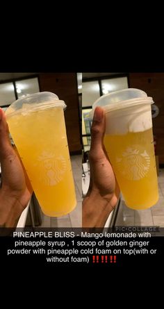 two people holding up cups with drinks in them and the caption reads, pineapple bliss