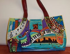 large leather handbag with custom New York and music theme. Leather Painting, Hand Painted Leather Bag, Large Leather Handbags, Shibori Jewelry, Leather Paint, Bullet Journal Themes