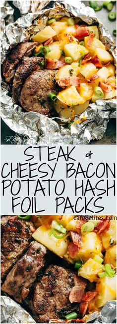 grilled steak and cheesey bacon potato hashbrown foil packets with text overlay