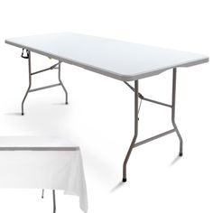 two tables with white tablecloths on them and one has a black plastic top