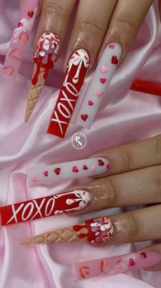 Valentines Nails Acrylic Coffin, Coffin Valentines Nails, Valentine Nails Coffin, S Nails Designs, Nails Design Valentines, Valentine Nails Acrylic, Nail Design Valentine, Valentine Nails Design