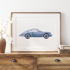 Vintage Porsche Car Print Porsche Painting, Blue Sports Car, Vintage Car Nursery, Vintage Car Art, Porsche Art, Blue Porsche, Porsche Vintage, Car Nursery, Wallpaper 2024