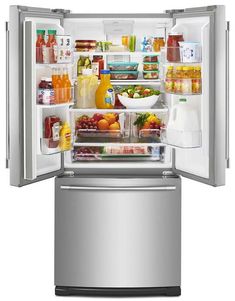 an open refrigerator with its door wide open and full of fresh food, including milk, yogurt, fruit, and juice