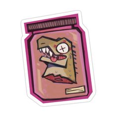 a sticker with an image of a monster inside a jar that is pink and brown